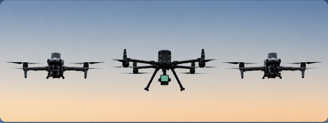 Tres drones LiDAR sobrevolando un paisaje al atardecer
